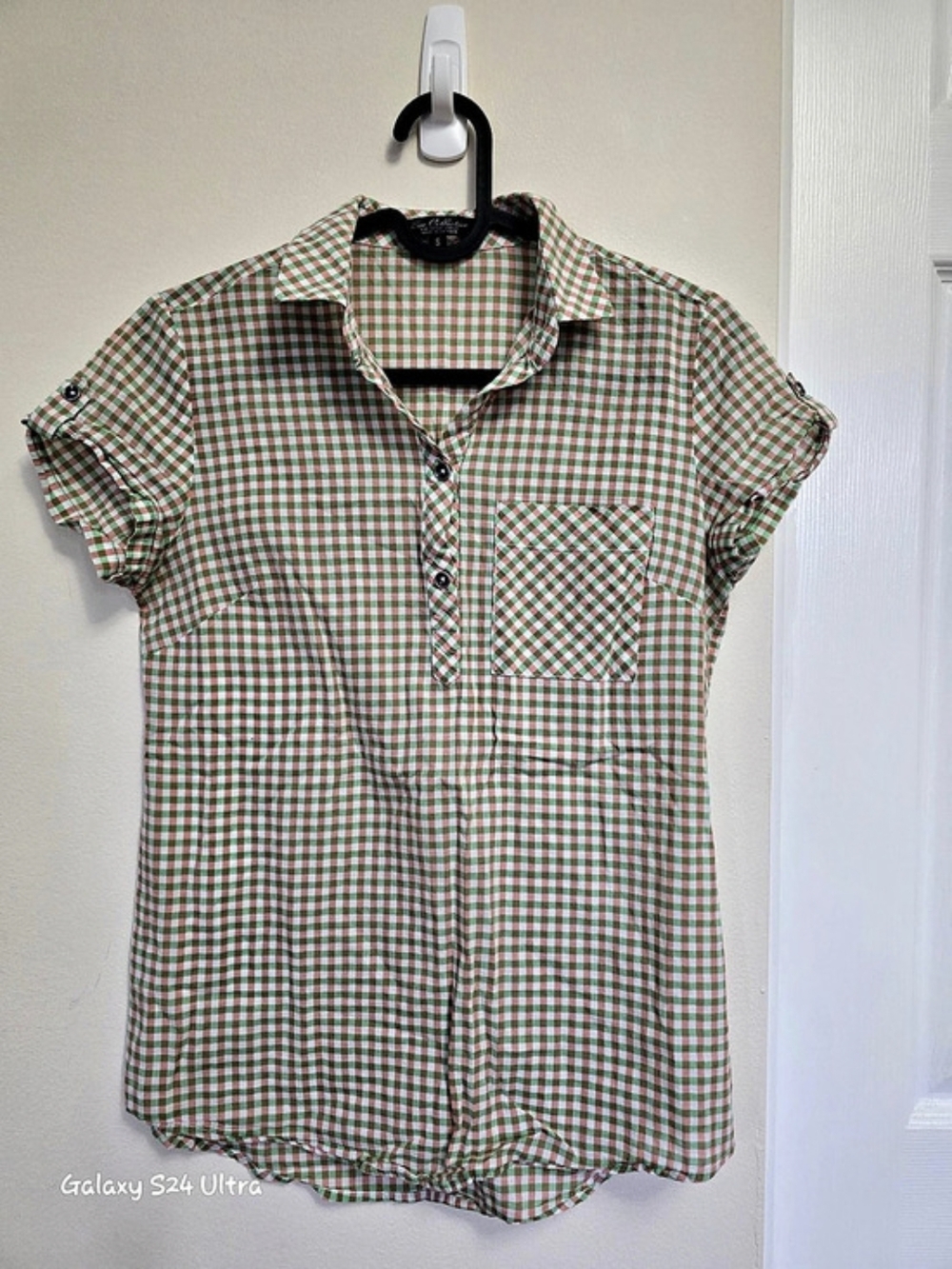 Sea Collection Gingham Short Sleeve Shirt in Green & Pink Small